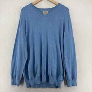 LL BEAN Sweater Mens L Tall Cotton Cashmere V-Neck Jumper Pullover Blue